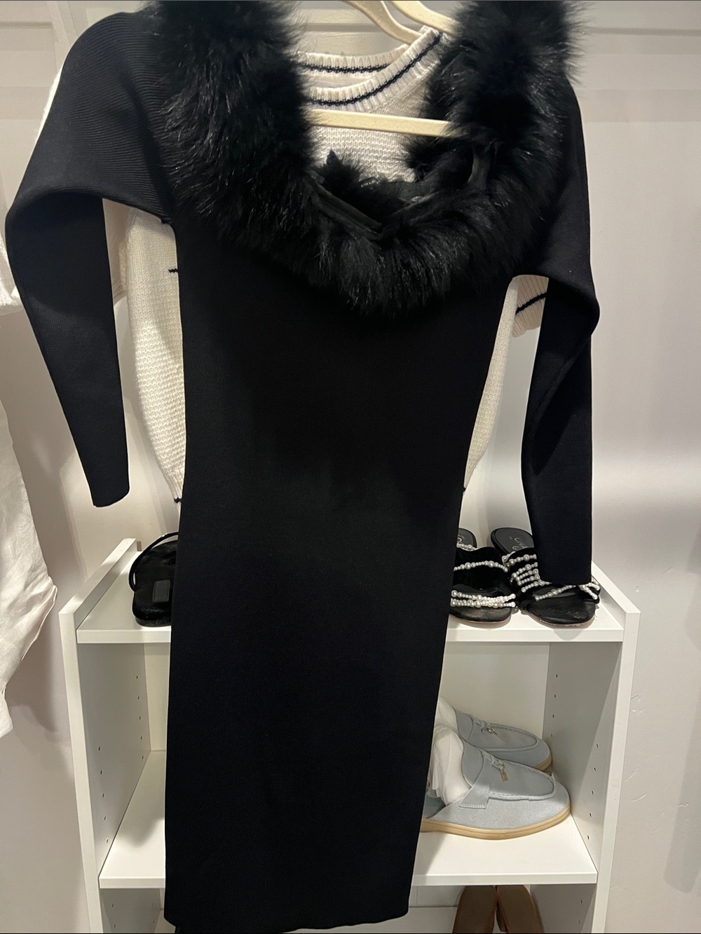 Karen Millen Black Long Sleeve Dress with Faux-Fur Collar